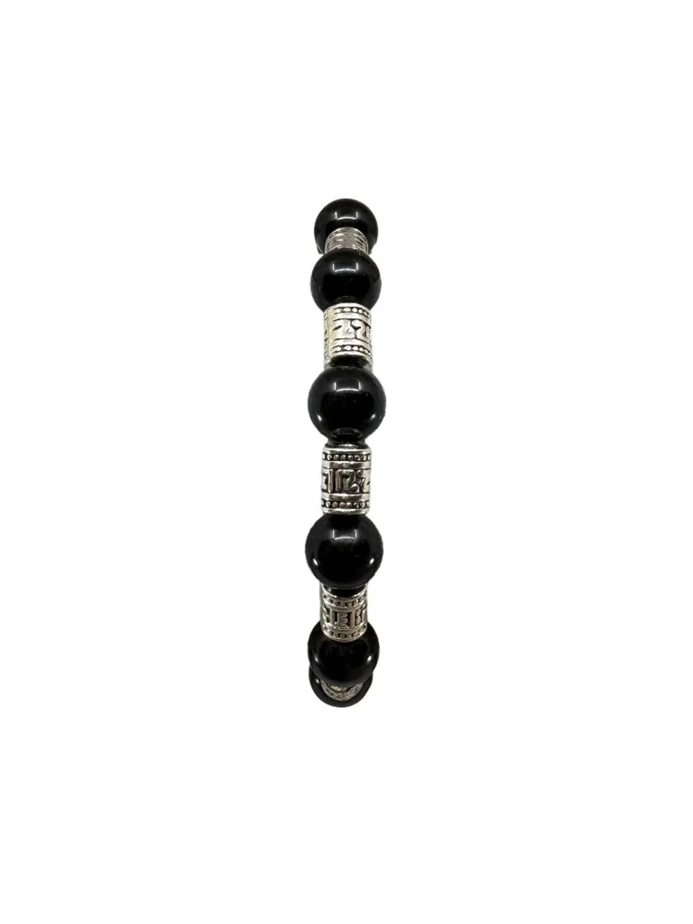 8mm Natural Black Obsidian Stretch Beaded Bracelet Silver Alloy Spacer Charm